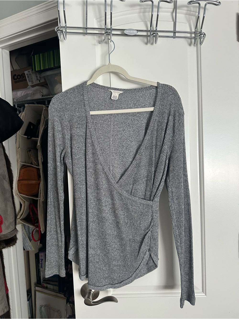 Caslon Gray Ribbed Wrap-Front Long Sleeve Top - Picture 1 of 3